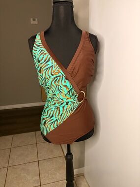 Y2k shape detector brown & Aqua Wrap-Style one piece swimsuit with Ring Detail